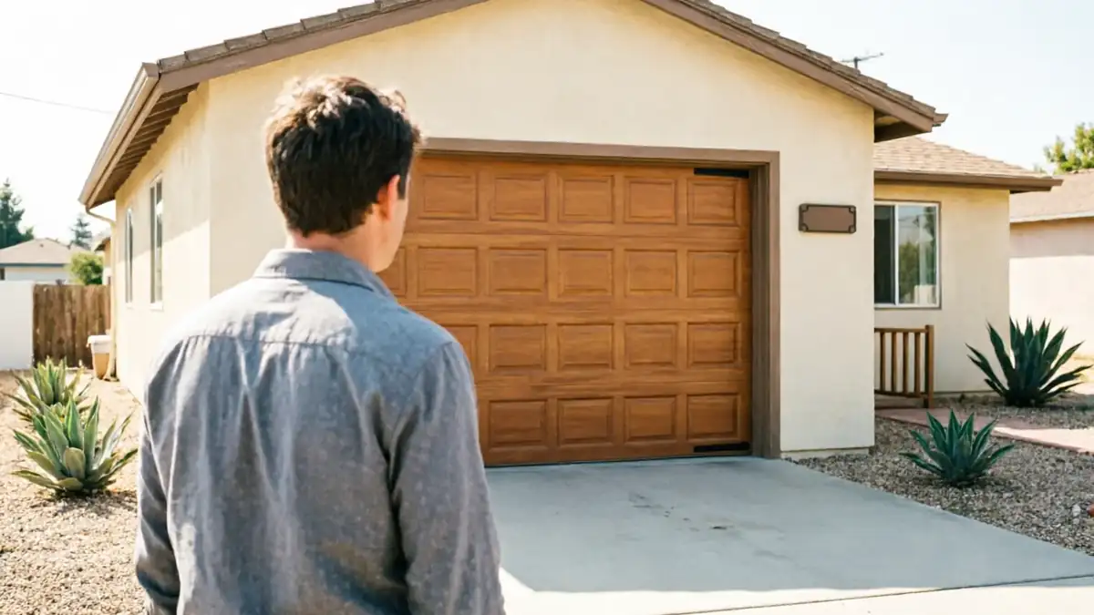 A man stands in a driveway looking at a closed brown garage door.