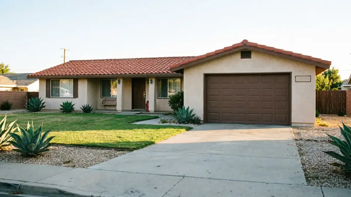The house has a brown garage door, a red tile roof, and a concrete driveway.