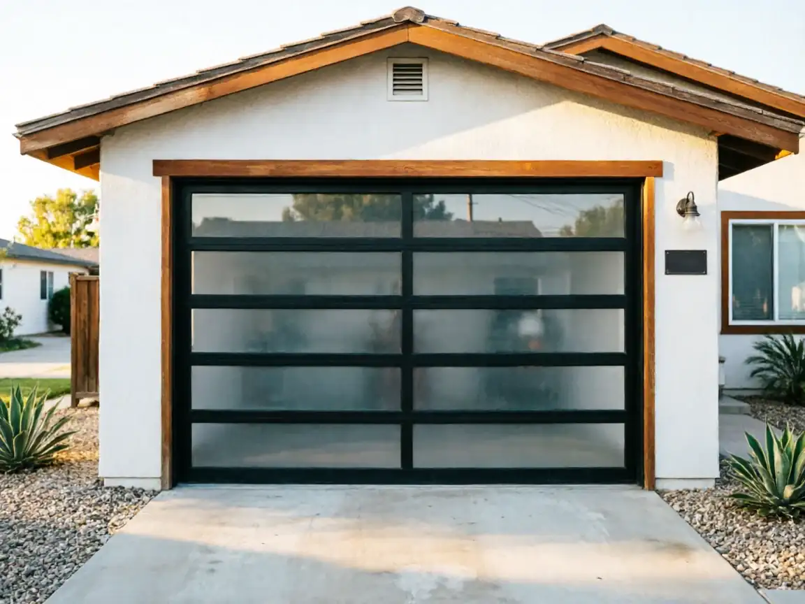 The house has a modern garage door with frosted glass panels and a wooden frame.