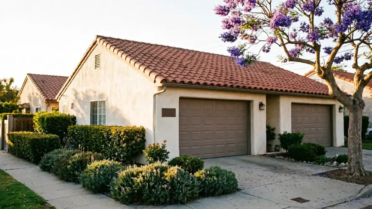 The house has two brown garage doors, a red tile roof, and a purple flowering tree.