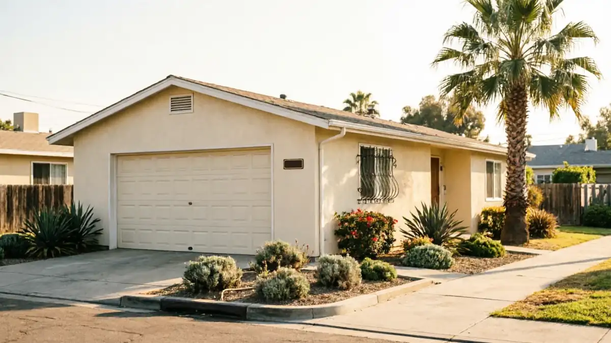 The house has a beige garage door and a palm tree in the front yard.
