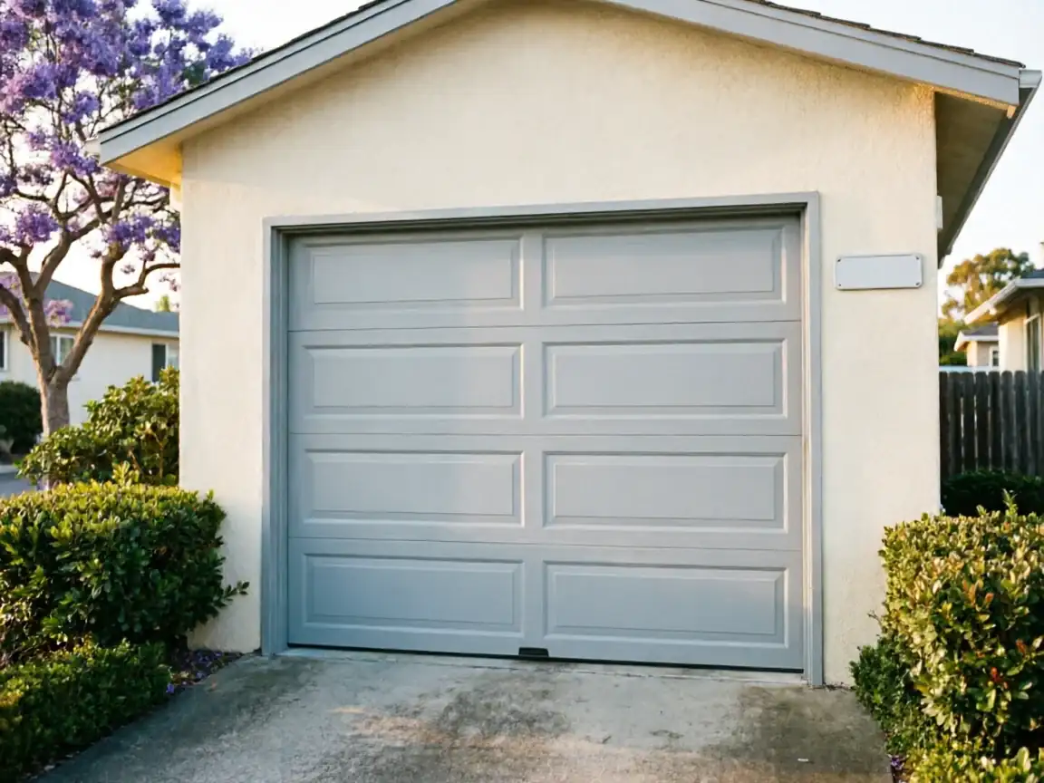 The light gray garage door is closed on a stucco house.