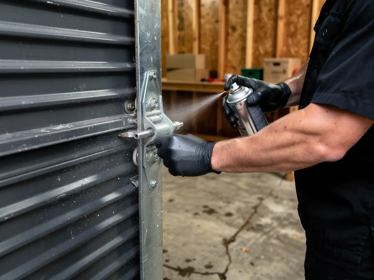 A technician in black gloves sprays lubricant on a garage door roller.