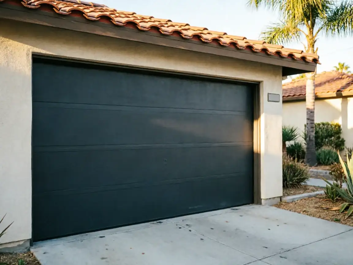 A dark gray garage door is on a house with a red tile roof.