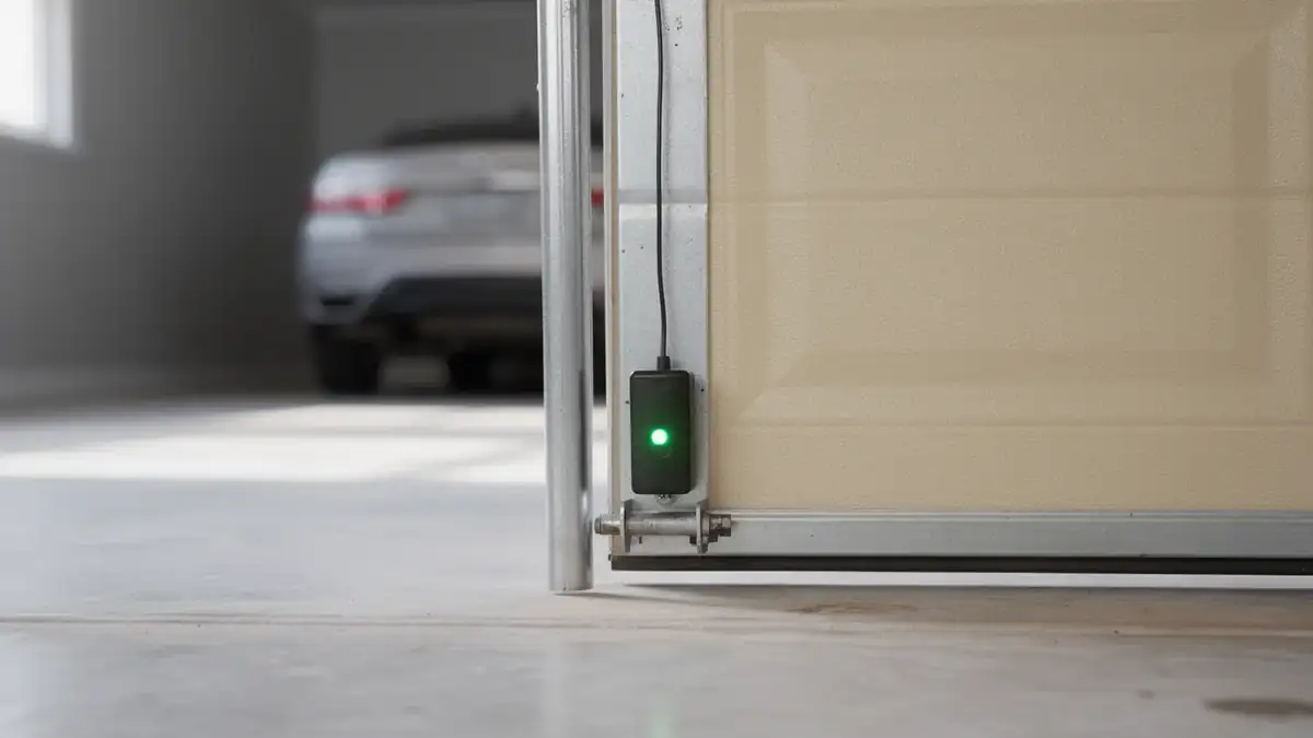 A garage door safety sensor with a green light is mounted on the door track.