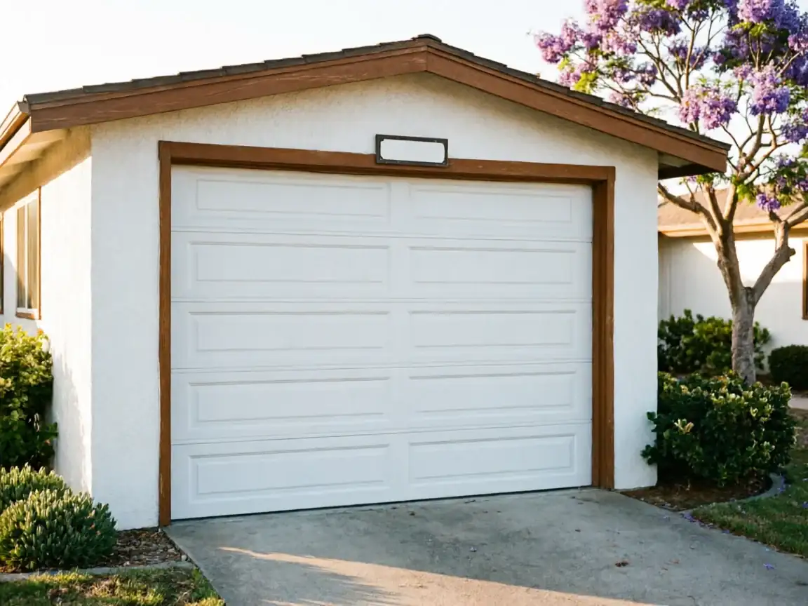 A white garage door with brown trim is on a white house with a purple flowering tree.