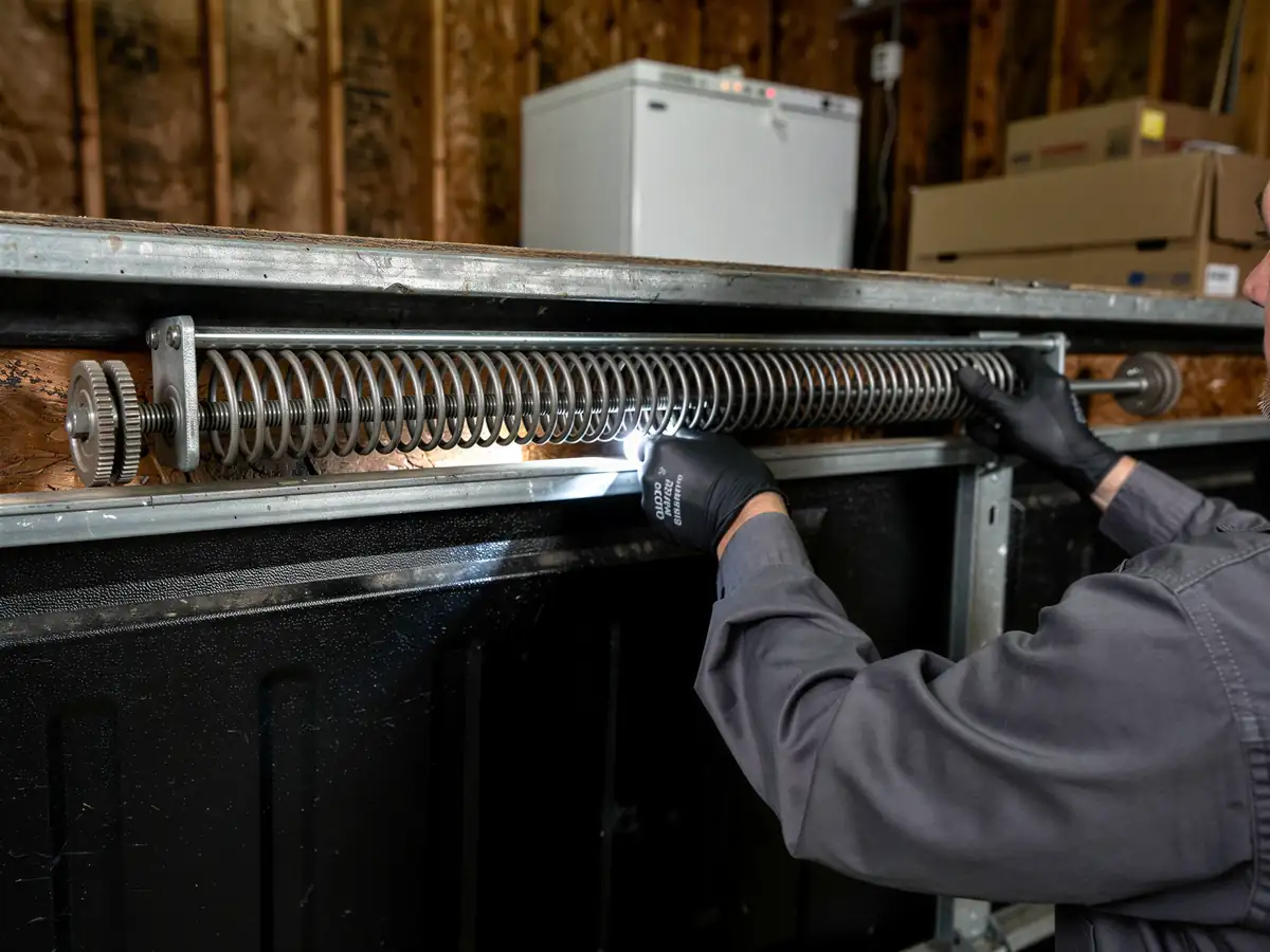 A technician in black gloves works on a garage door torsion spring.
