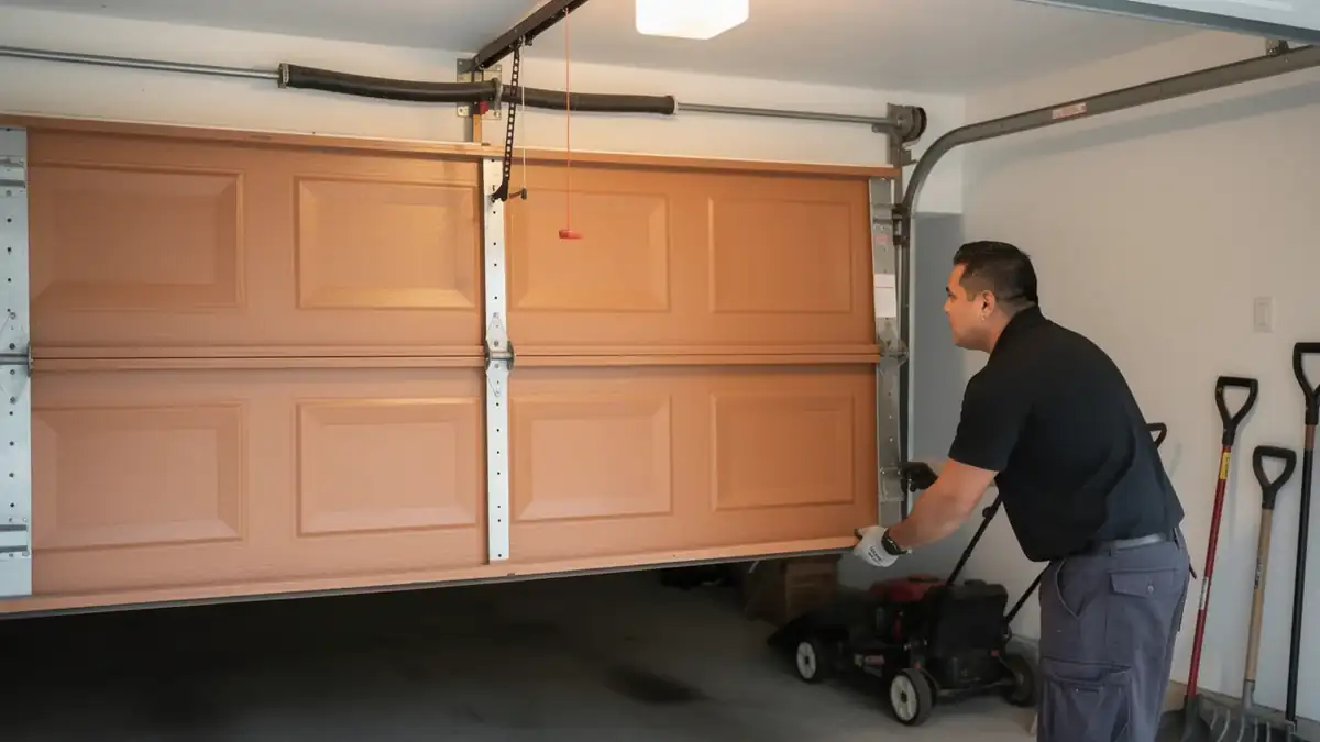 A technician in a black shirt and gray pants is working on a brown garage door.