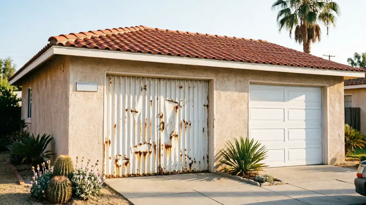 A house has two garage doors, one rusty and one white.