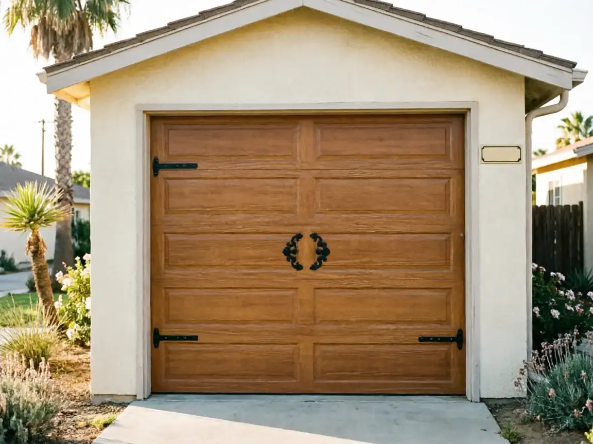 A brown wooden garage door with decorative black hardware is on a stucco house.